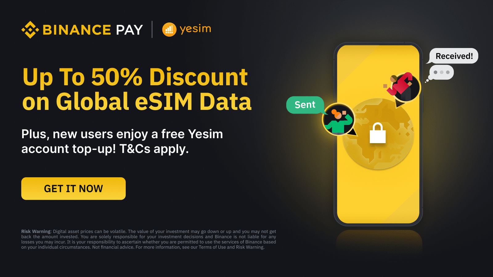 Совместная промоакция Binance Pay и Yesim Promo: получите скидку до 50% на все покупки интернет-трафика и бесплатное пополнение баланса на Yesim | Binance Support