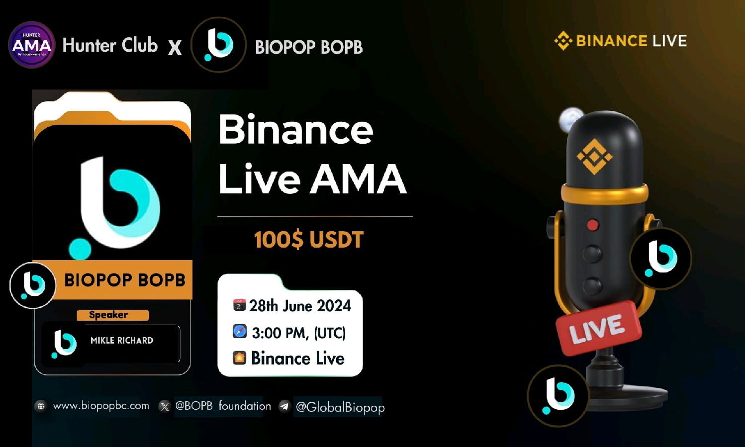 HUNTER CLUB AMA With "BIOPOP BOPB" || Reward : 100$ USDT