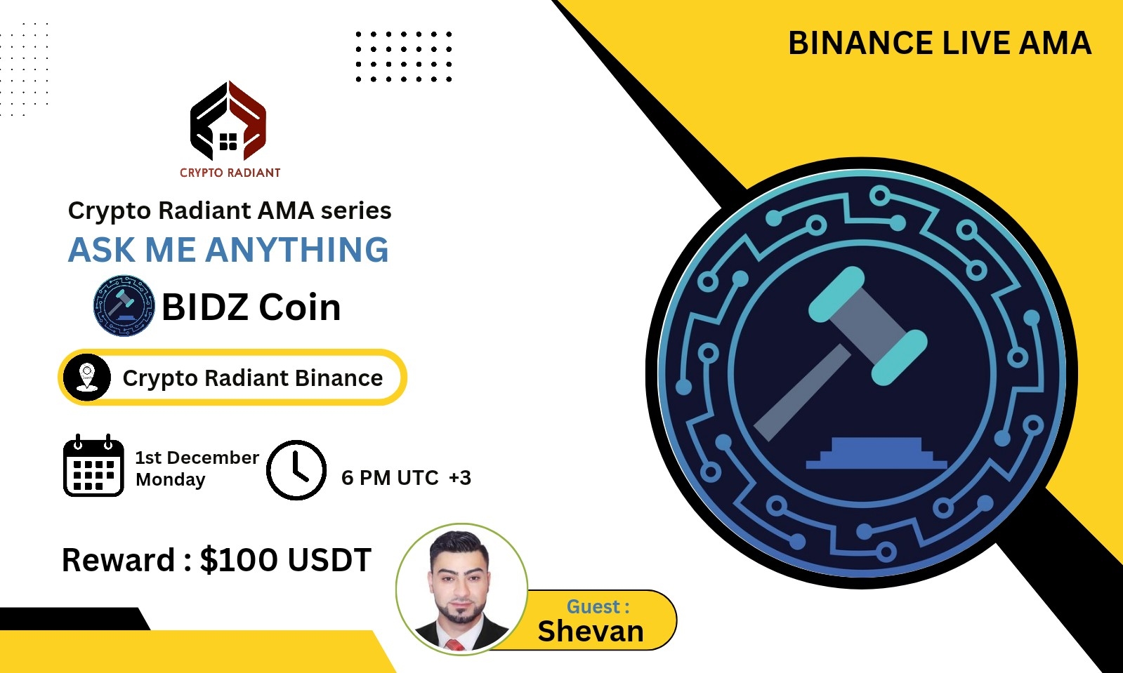 AMA Crypto Radiant X BIDZ Coin | $100 USDT Reward 