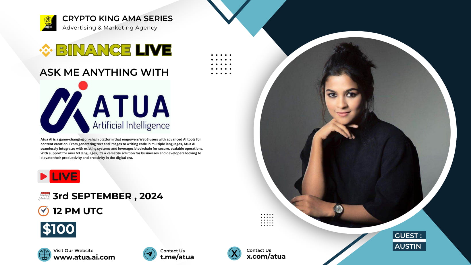 Crypto King Will Hosting AMA With " ATUA AI " | Reward : $100 USDT